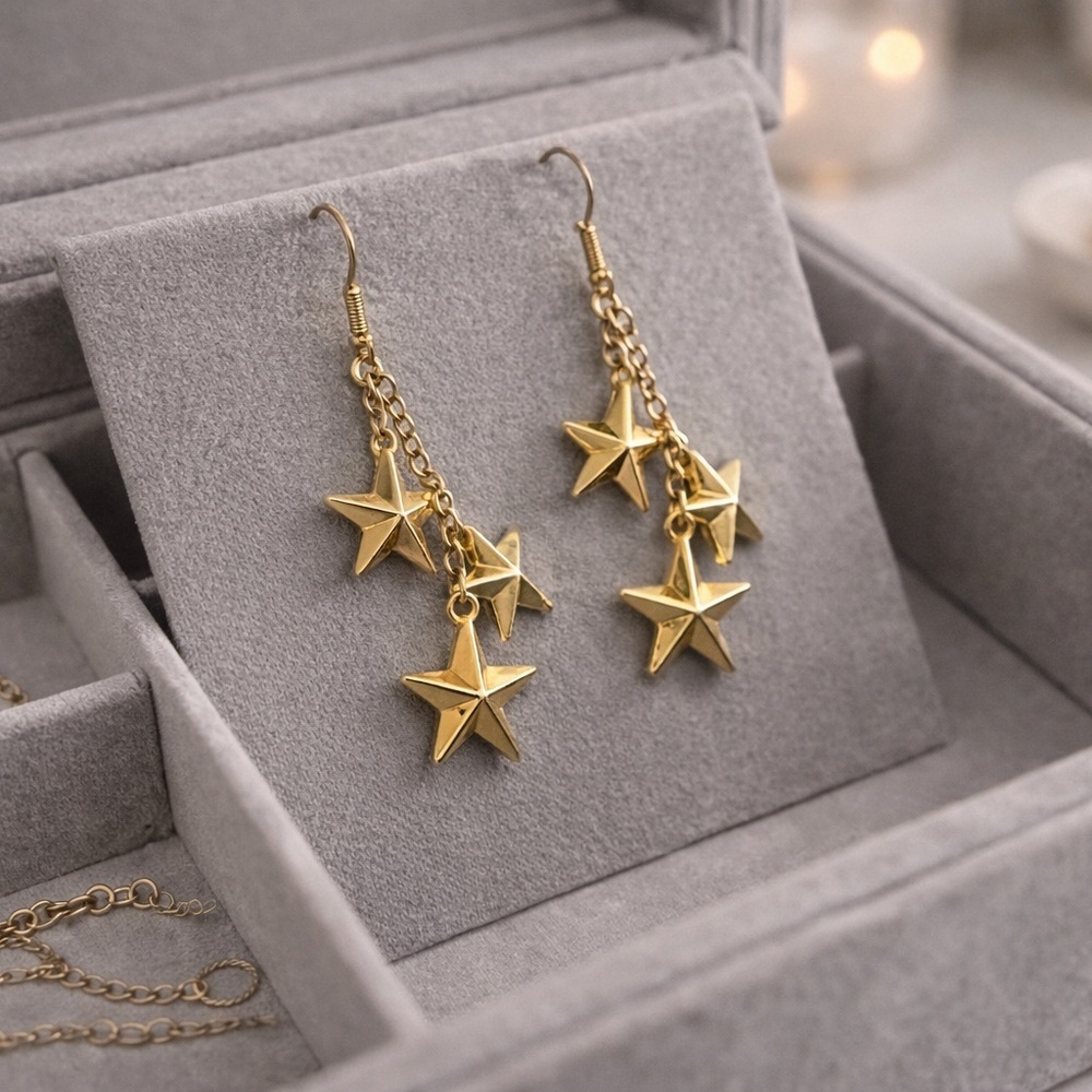 Patriotic Gold Star Dangle Earrings Statement Star Drop Earrings Night Out Glam